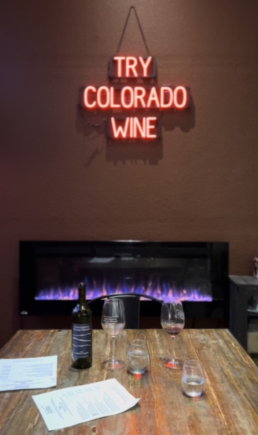Try Colorado Wine Sign and Wine Glasses/Bottle on table